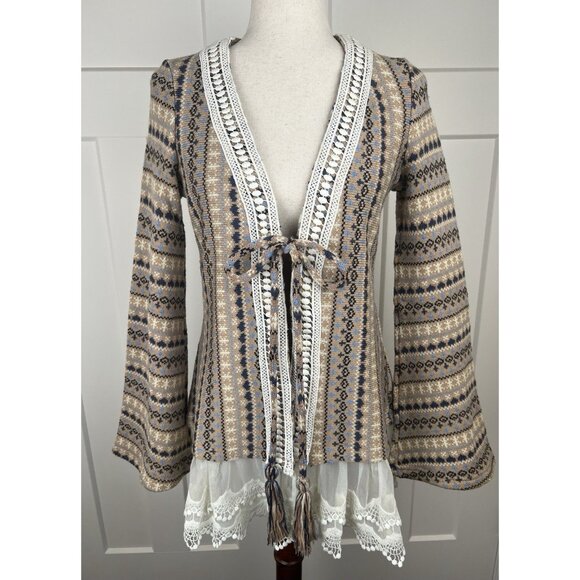 Ryu Anthropologie Boho Knit Cardigan Sweater Lace Trim Tie Front Bell Sleeve Med - Picture 1 of 10